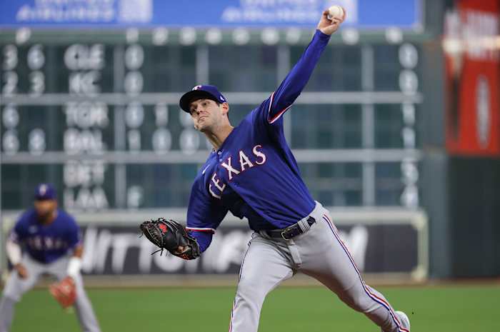 Sep 7, 2022; Houston, Texas, USA; Texas Rangers starting pitcher Cole Ragans (50) delivers a pitch during the second inning against the Houston Astros at Minute Maid Park. Mandatory Credit: Troy Taormina-USA TODAY Sports